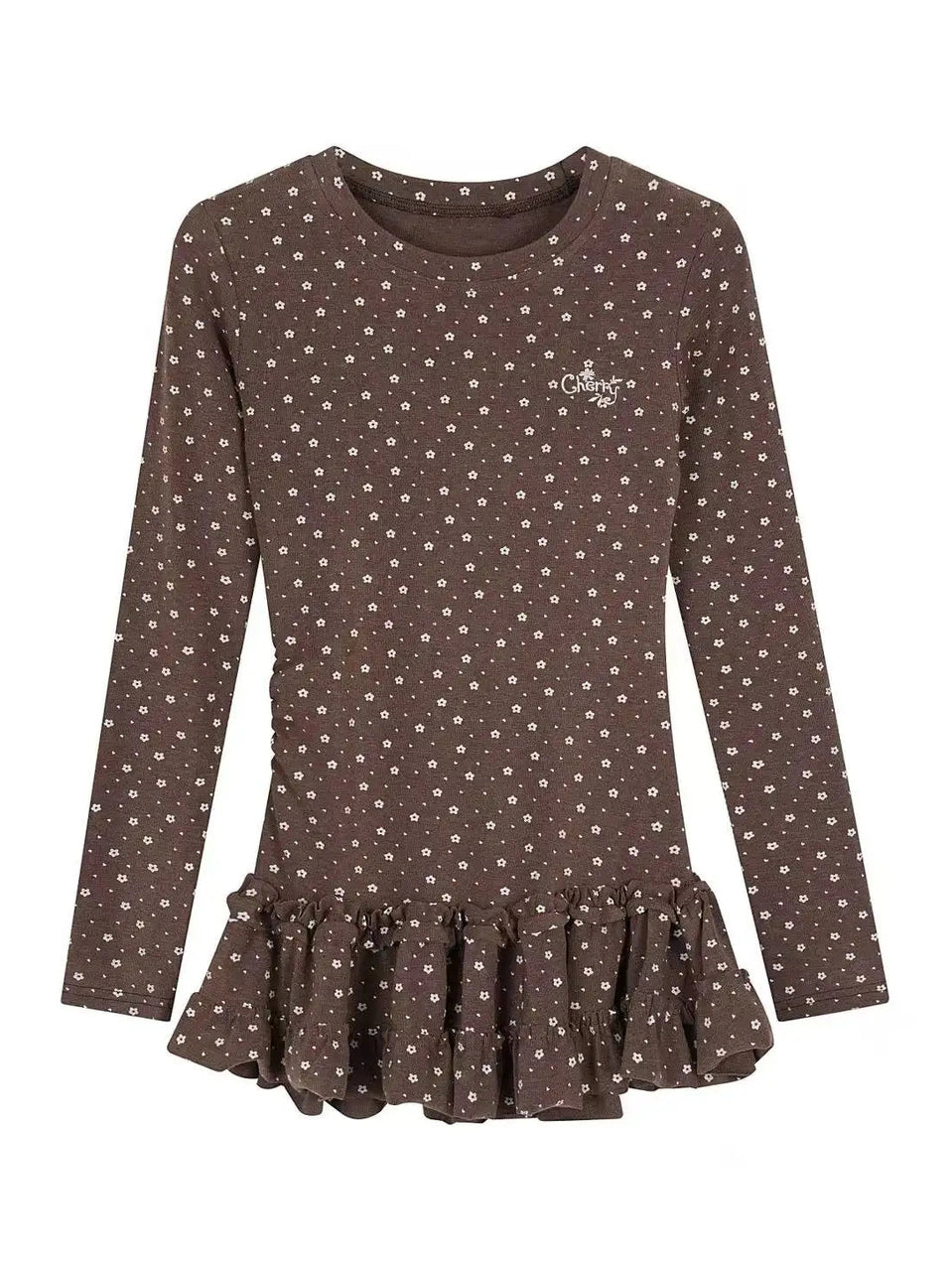 Floral Print Ruffled Hem Fitted Long Sleeve Top f0325