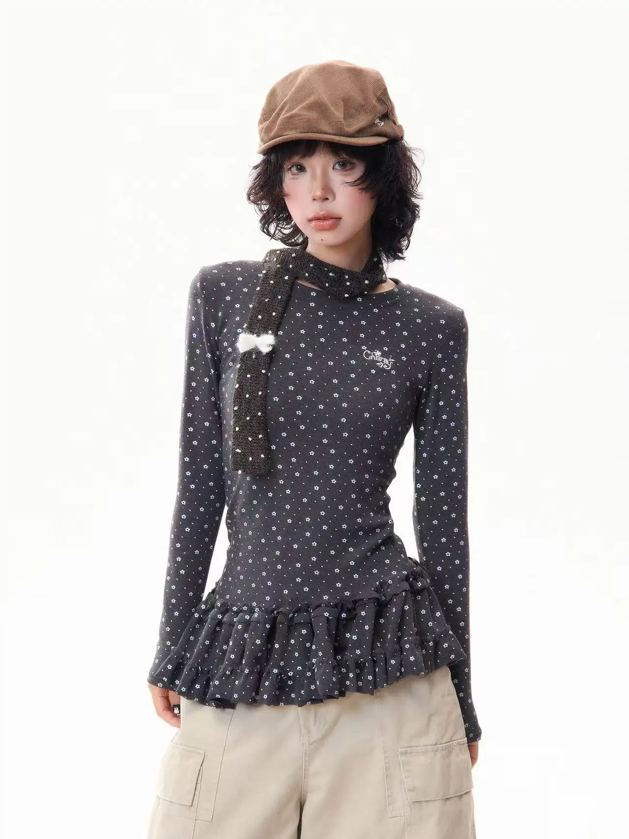 Floral Print Ruffled Hem Fitted Long Sleeve Top f0325