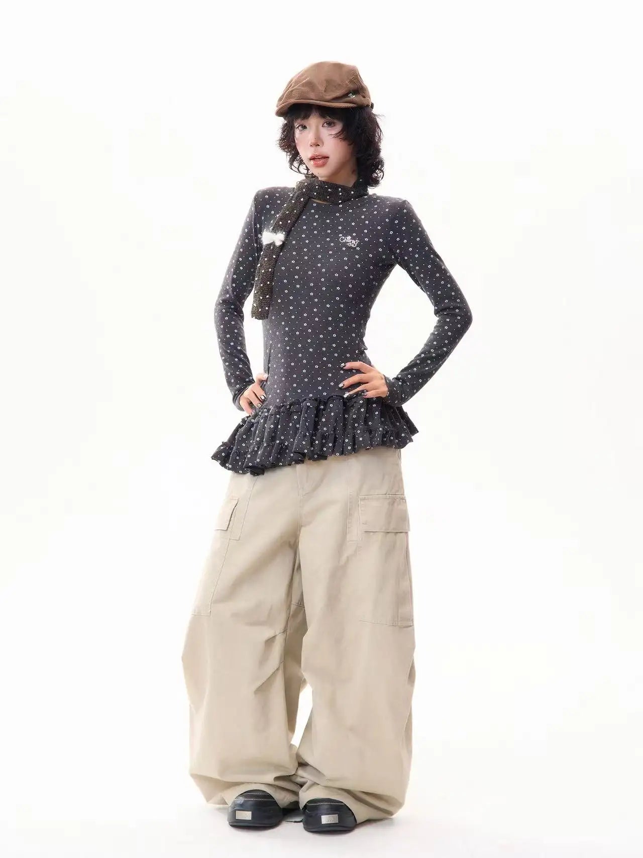 Floral Print Ruffled Hem Fitted Long Sleeve Top f0325