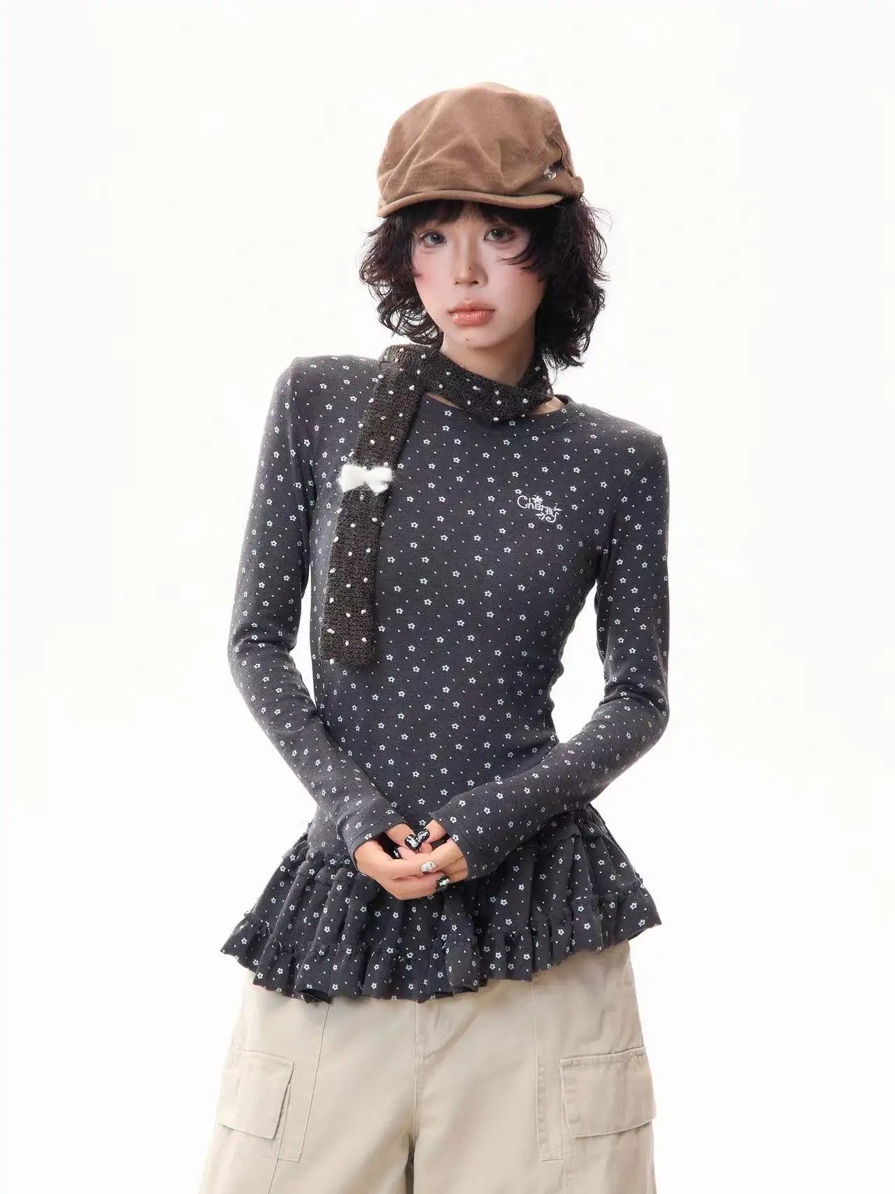 Floral Print Ruffled Hem Fitted Long Sleeve Top f0325