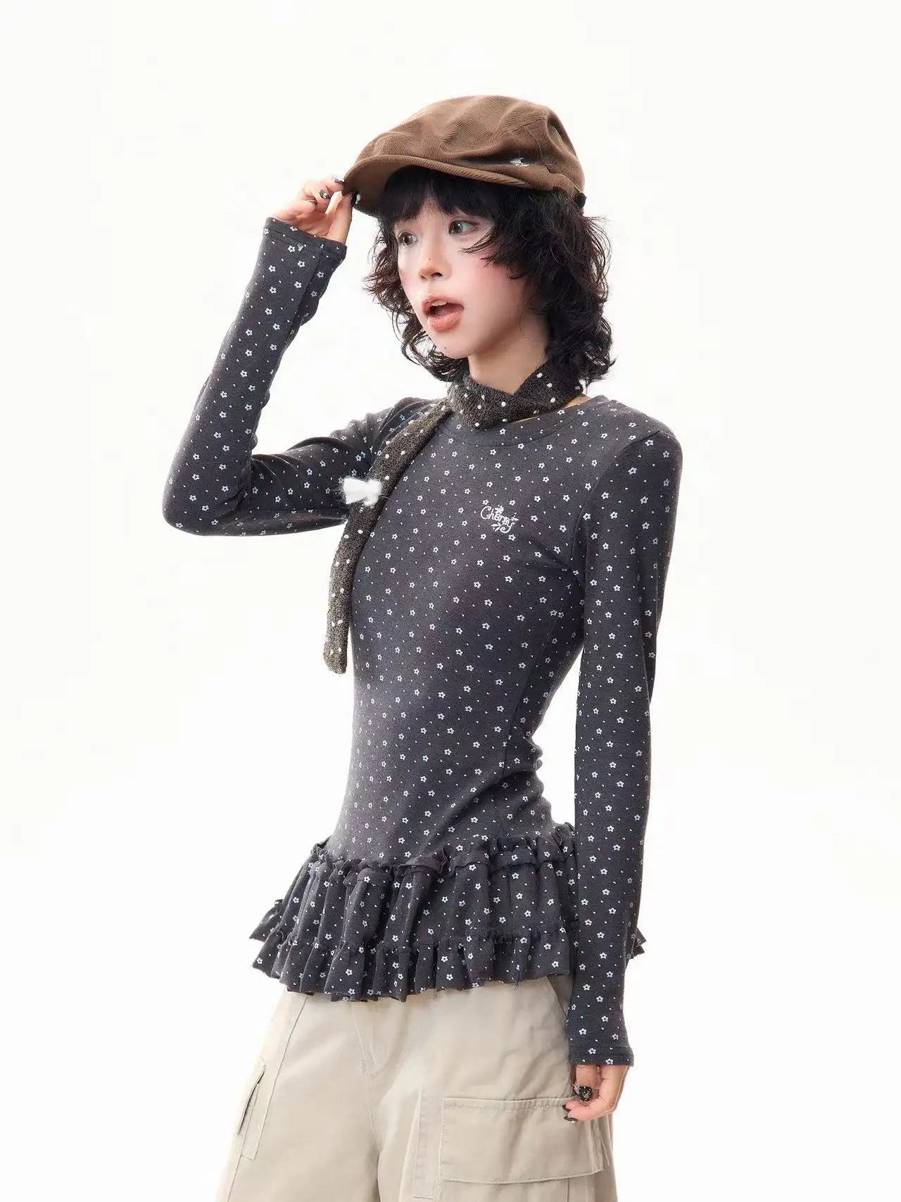 Floral Print Ruffled Hem Fitted Long Sleeve Top f0325