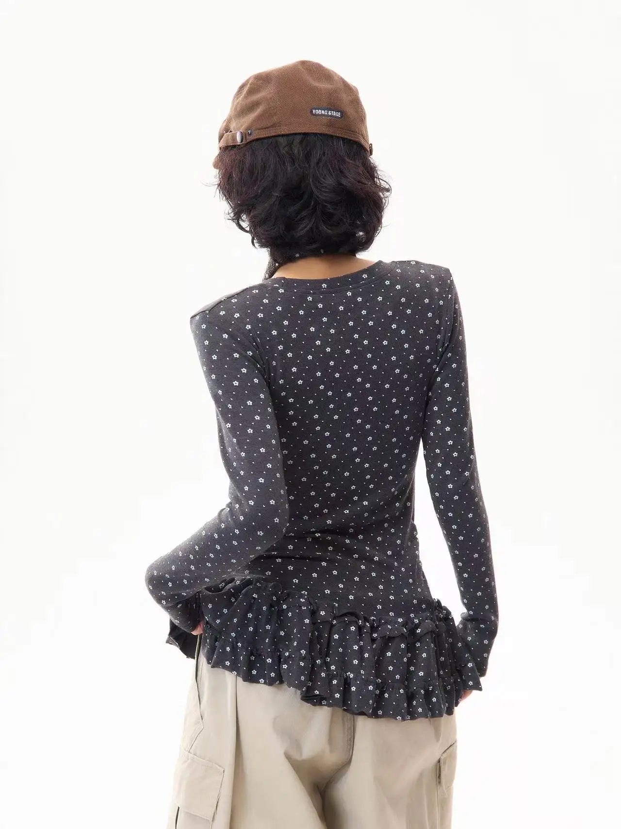 Floral Print Ruffled Hem Fitted Long Sleeve Top f0325