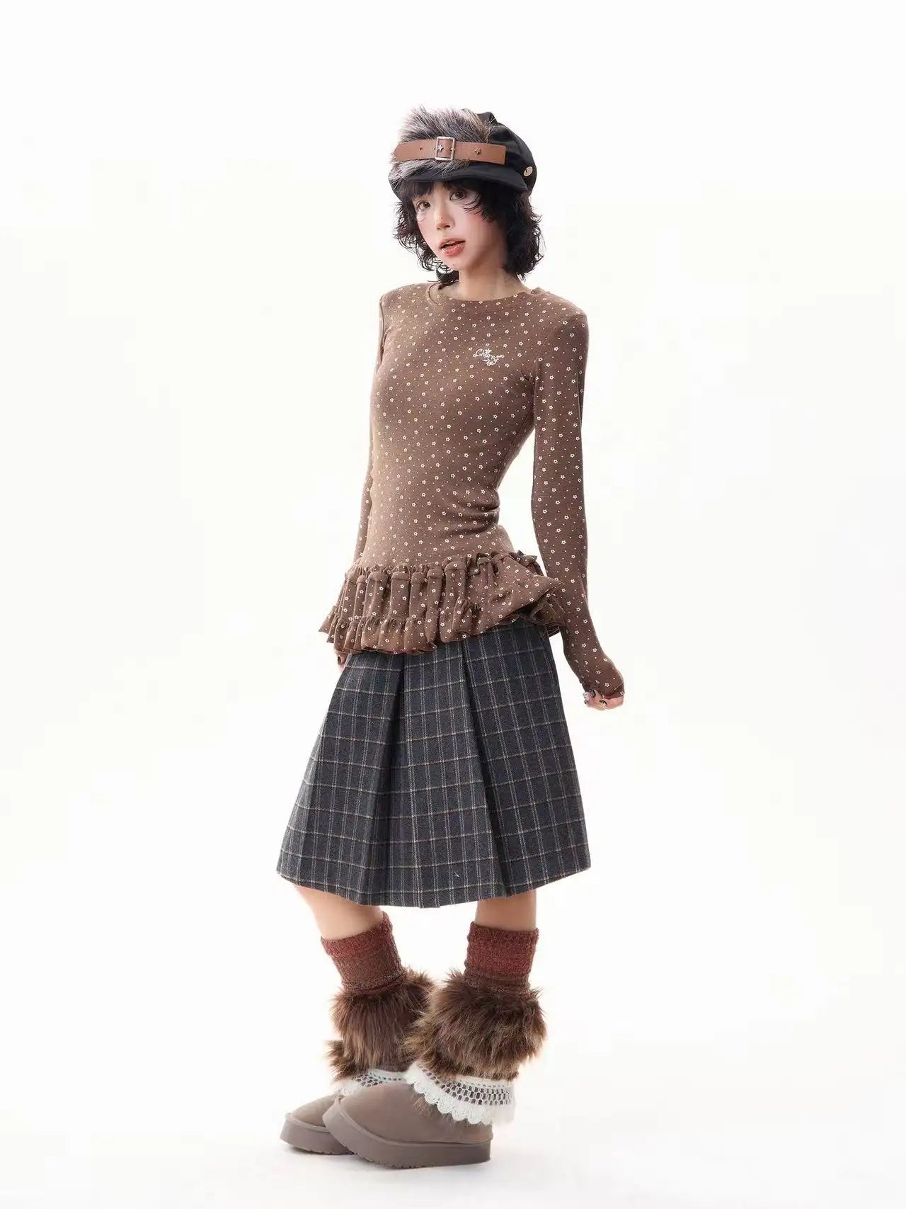 Floral Print Ruffled Hem Fitted Long Sleeve Top f0325