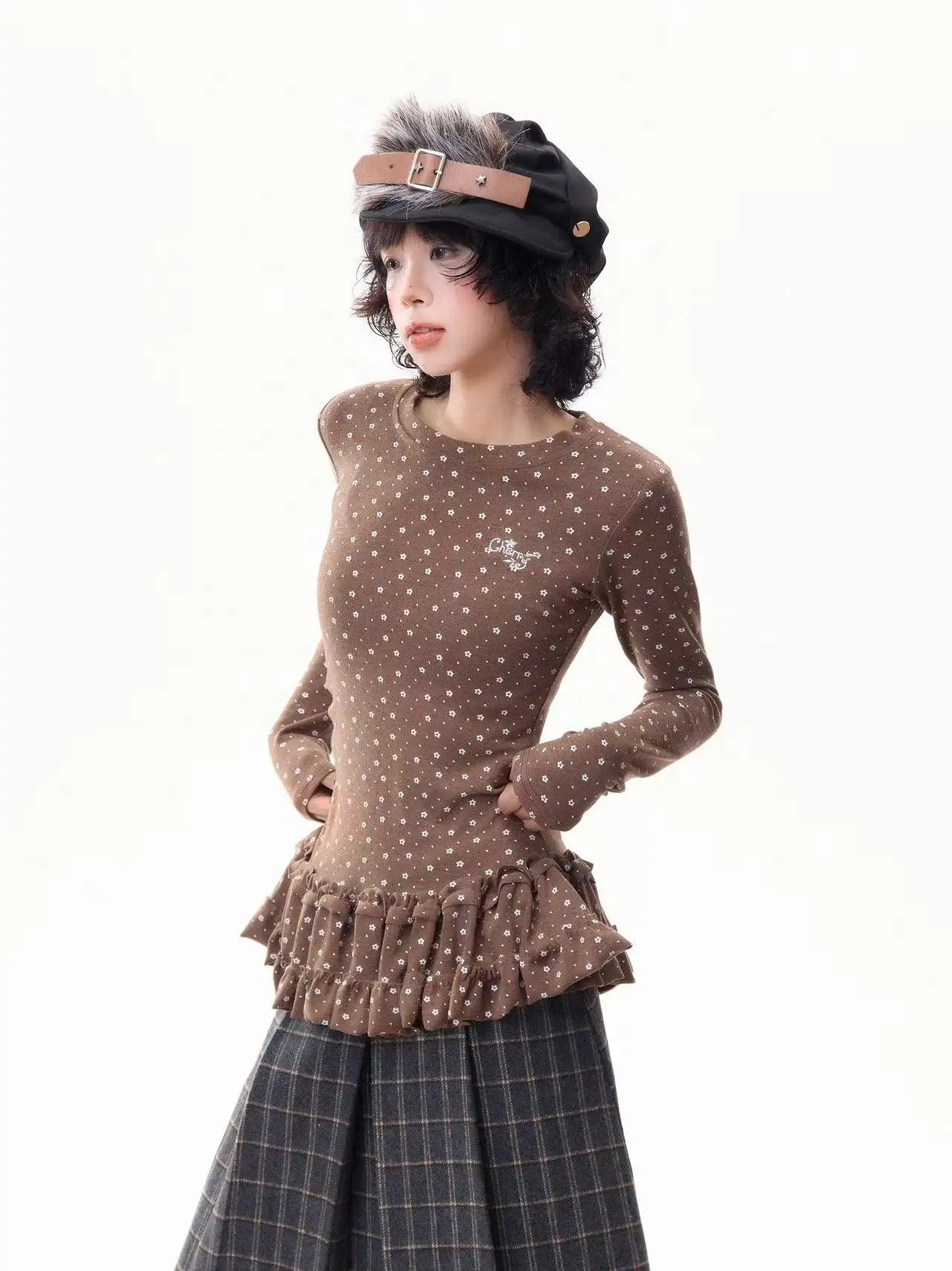 Floral Print Ruffled Hem Fitted Long Sleeve Top f0325