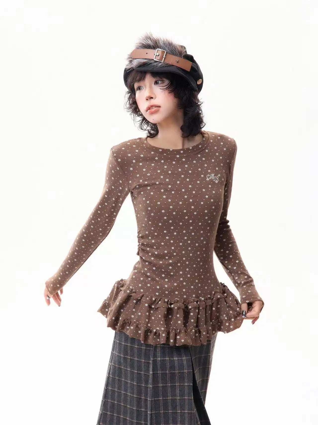 Floral Print Ruffled Hem Fitted Long Sleeve Top f0325