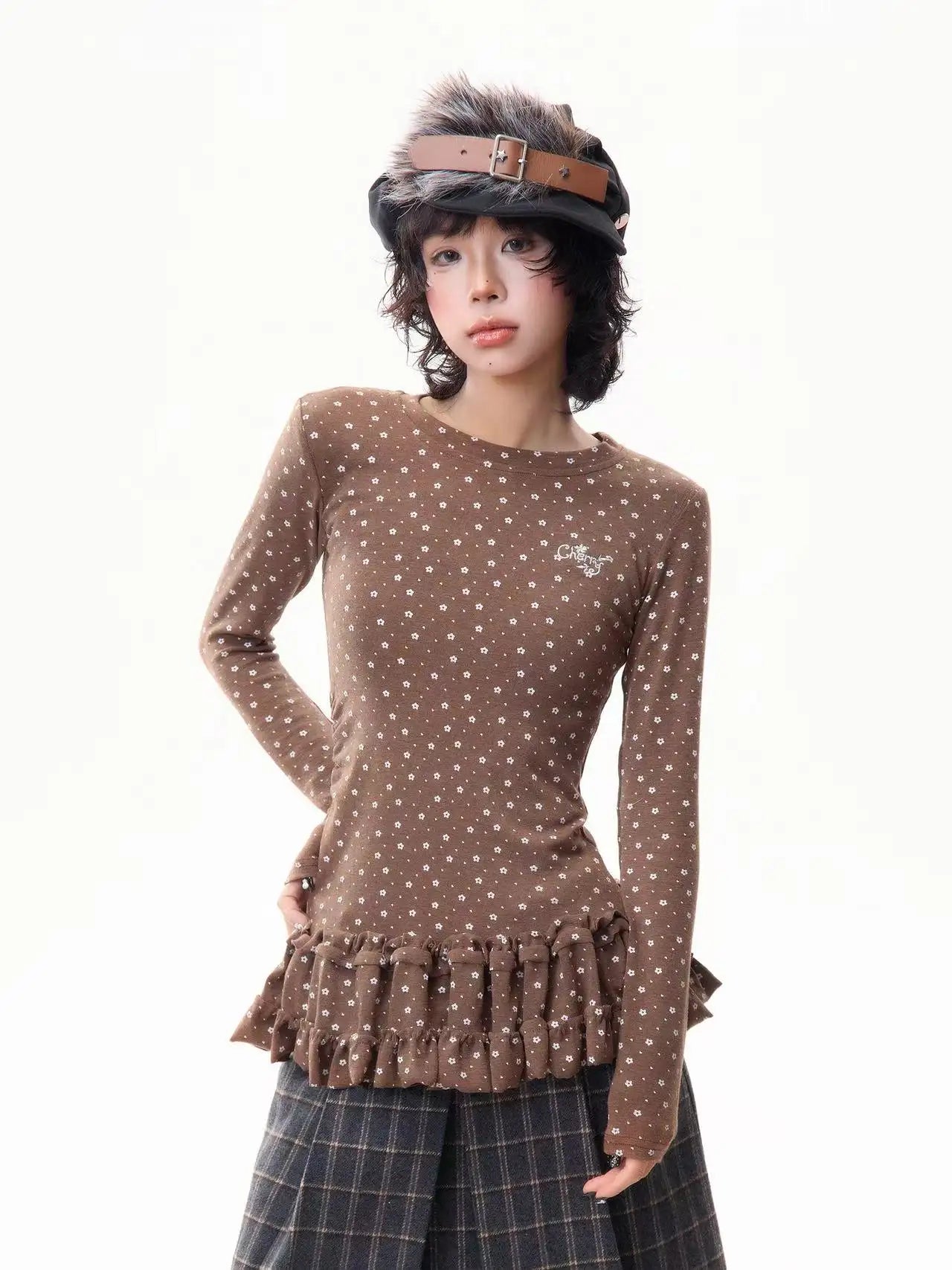 Floral Print Ruffled Hem Fitted Long Sleeve Top f0325