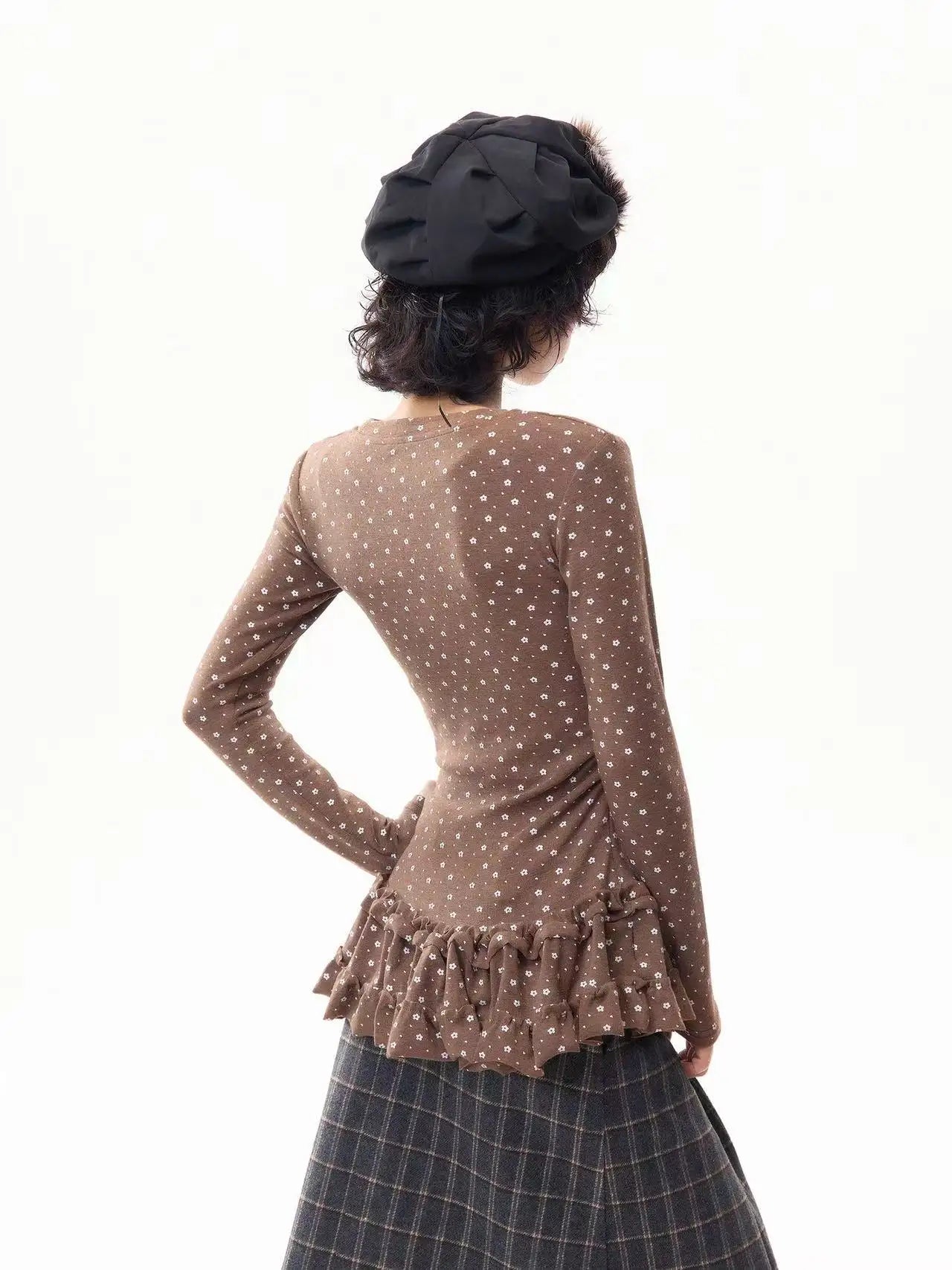 Floral Print Ruffled Hem Fitted Long Sleeve Top f0325