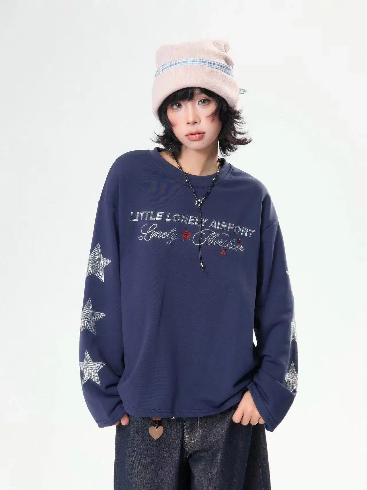 Rhinestone Star Letter Long Sleeve Tee  f0359