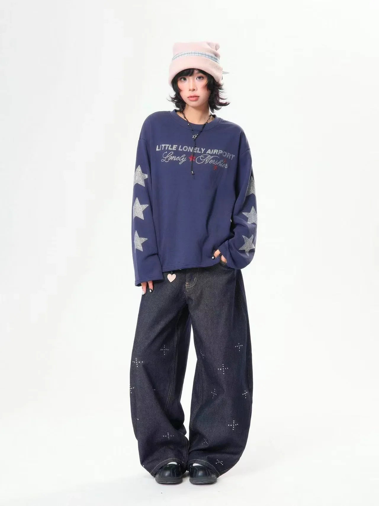 Rhinestone Star Letter Long Sleeve Tee  f0359