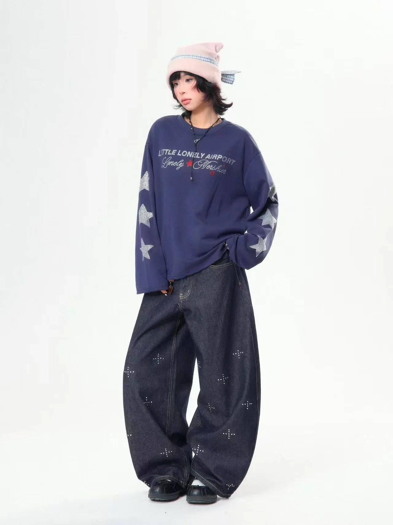 Rhinestone Star Letter Long Sleeve Tee  f0359