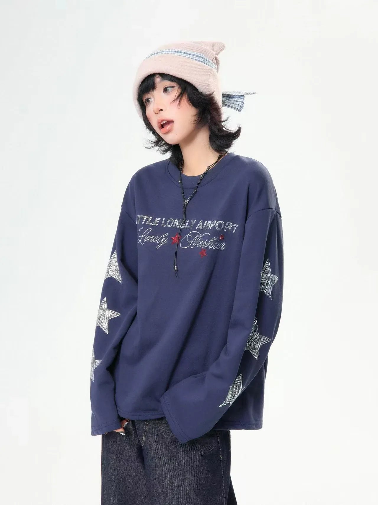 Rhinestone Star Letter Long Sleeve Tee  f0359