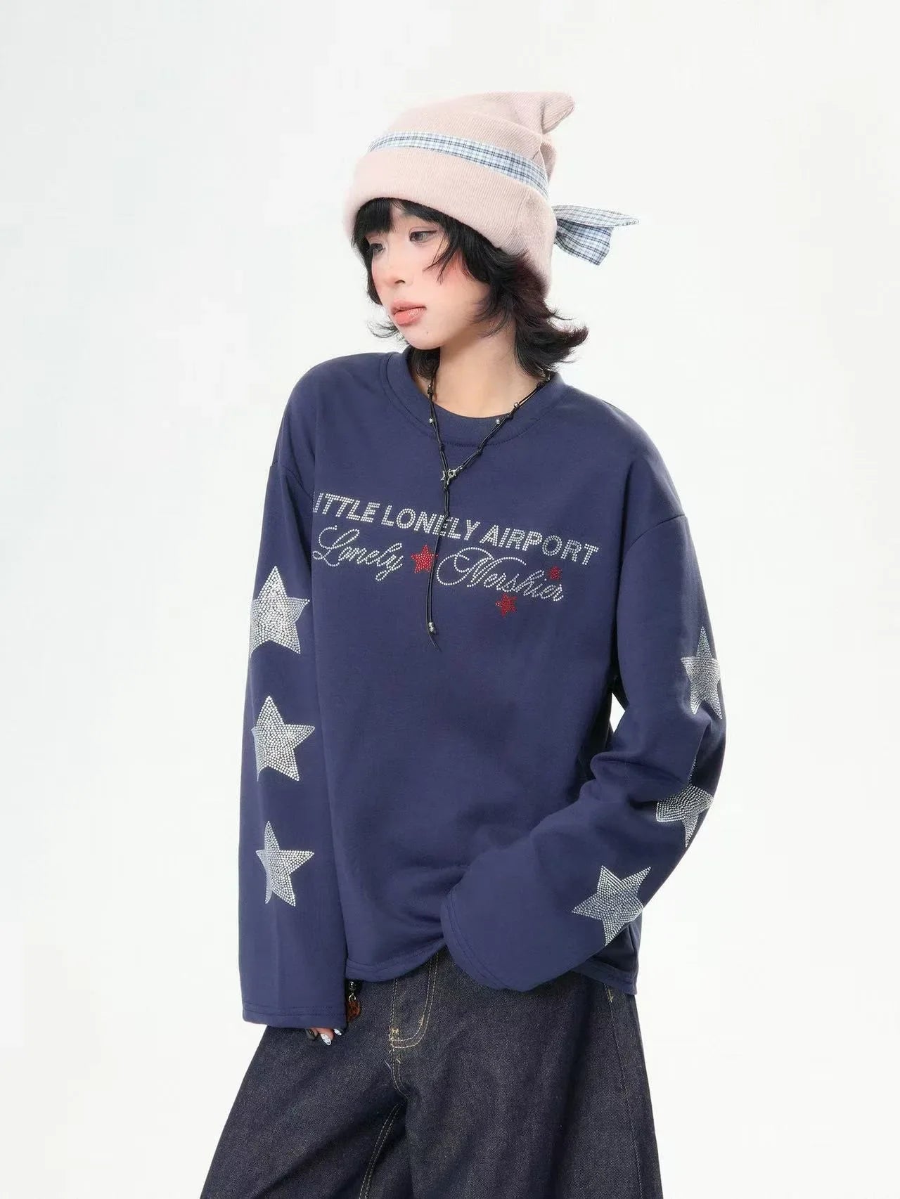 Rhinestone Star Letter Long Sleeve Tee  f0359