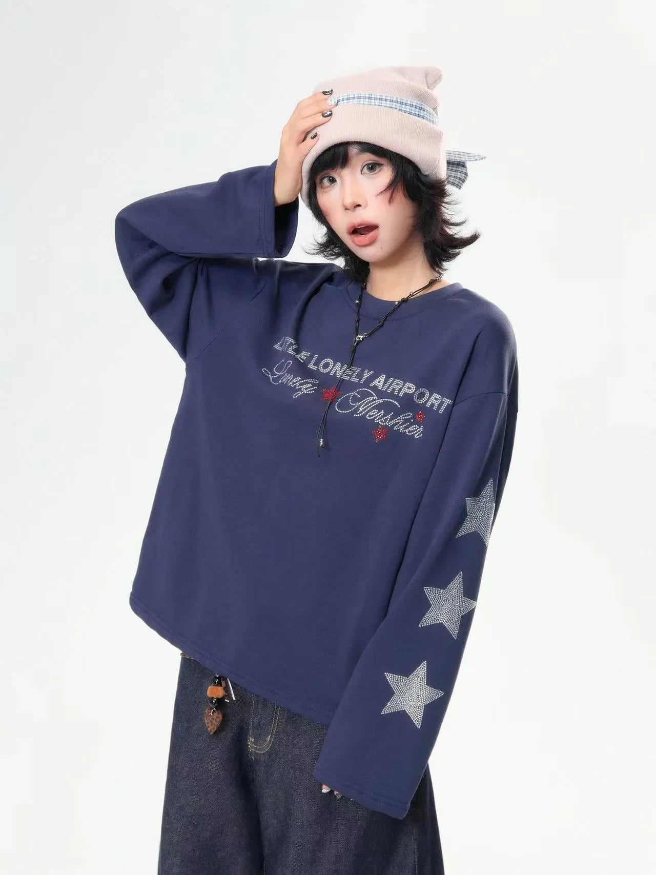 Rhinestone Star Letter Long Sleeve Tee  f0359
