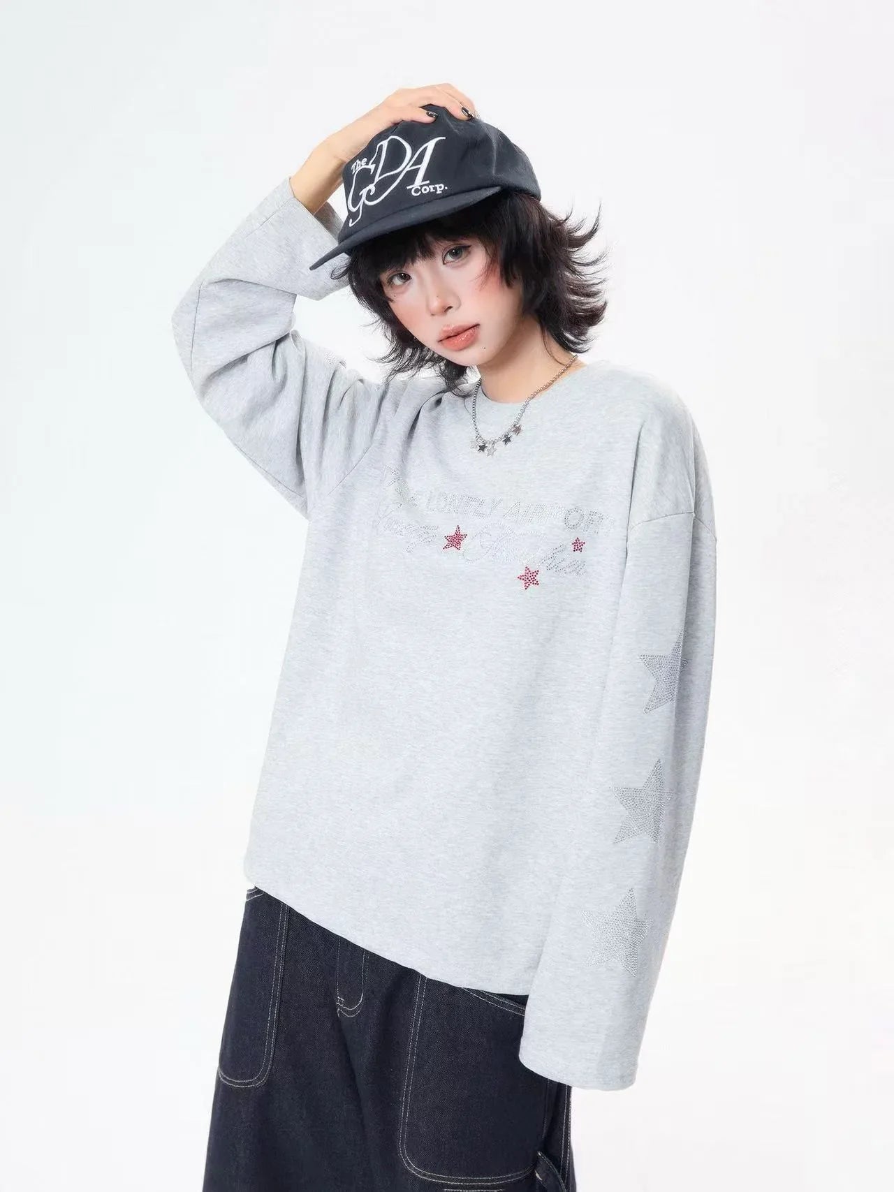 Rhinestone Star Letter Long Sleeve Tee  f0359