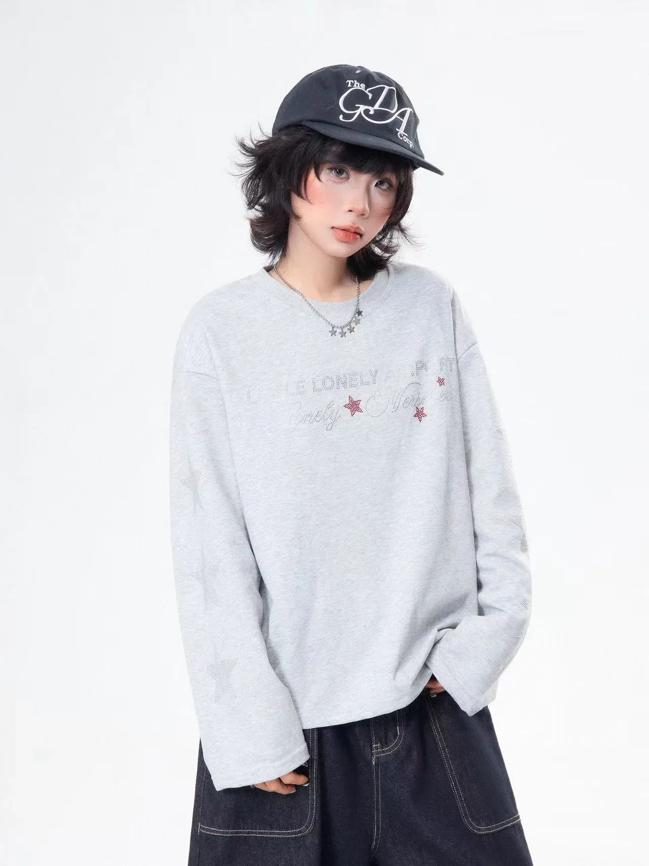 Rhinestone Star Letter Long Sleeve Tee  f0359