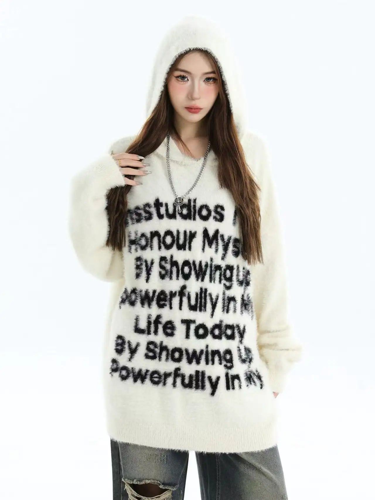 Logo Jacquard Hooded Knit Sweater   OL2041
