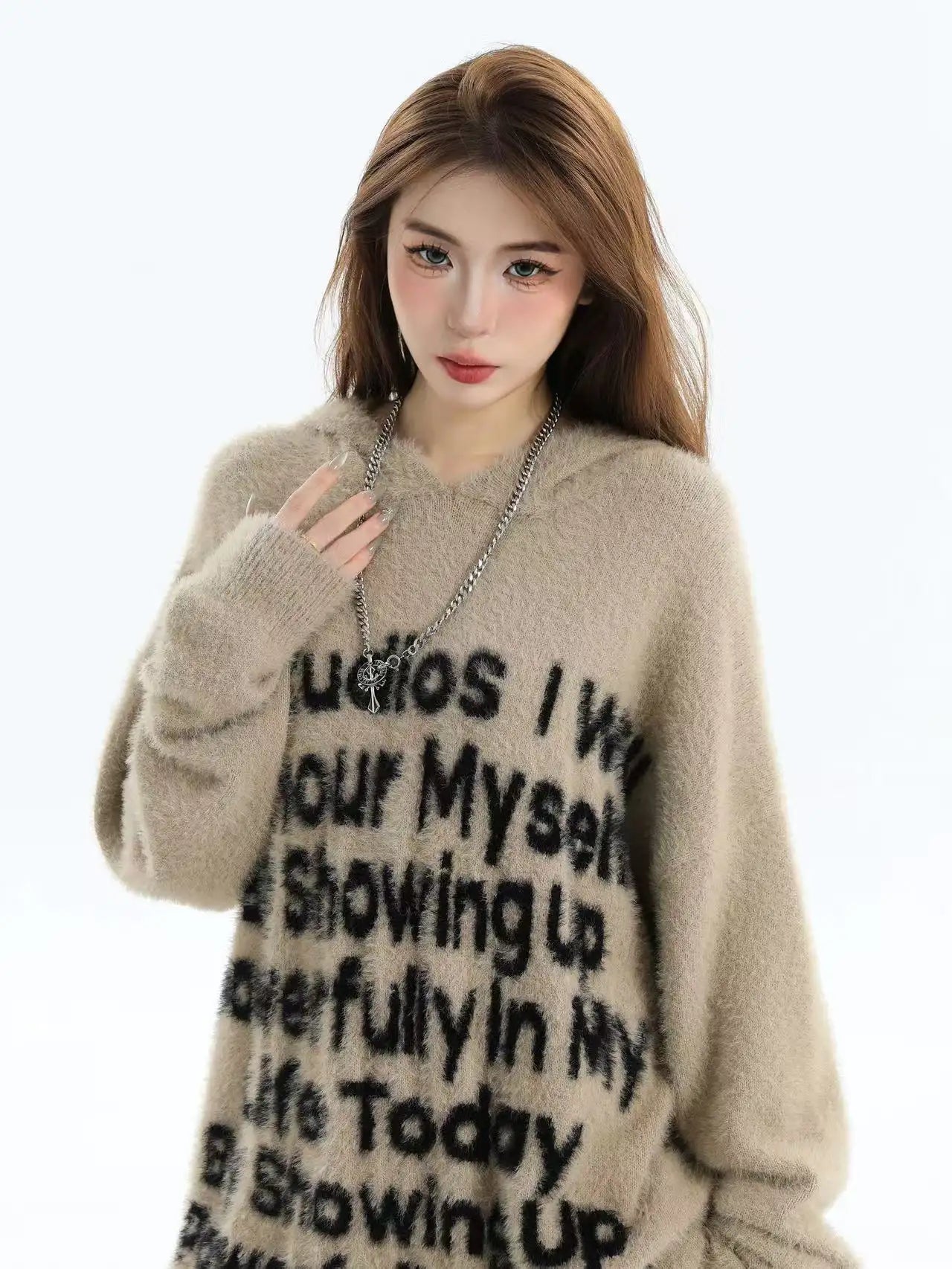 Logo Jacquard Hooded Knit Sweater   OL2041