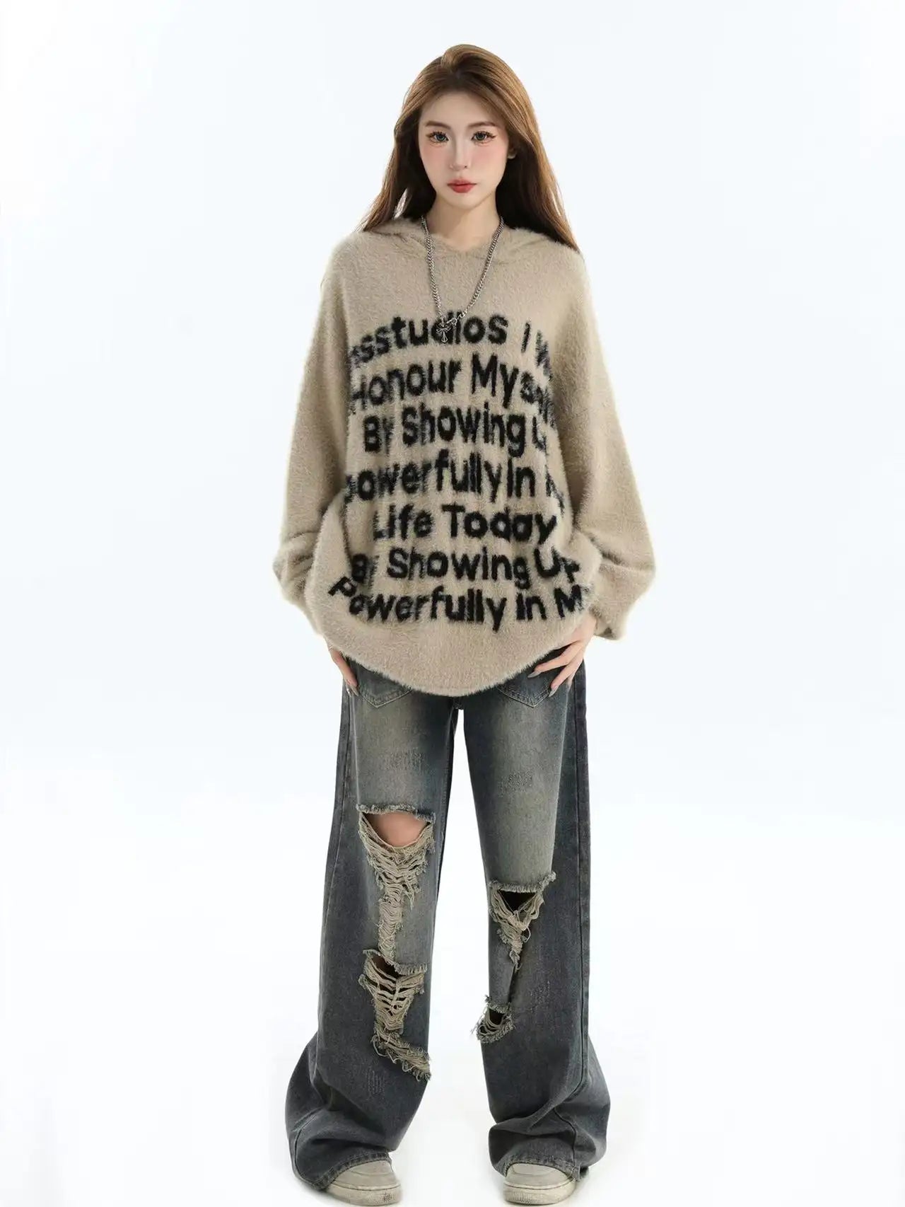 Logo Jacquard Hooded Knit Sweater   OL2041