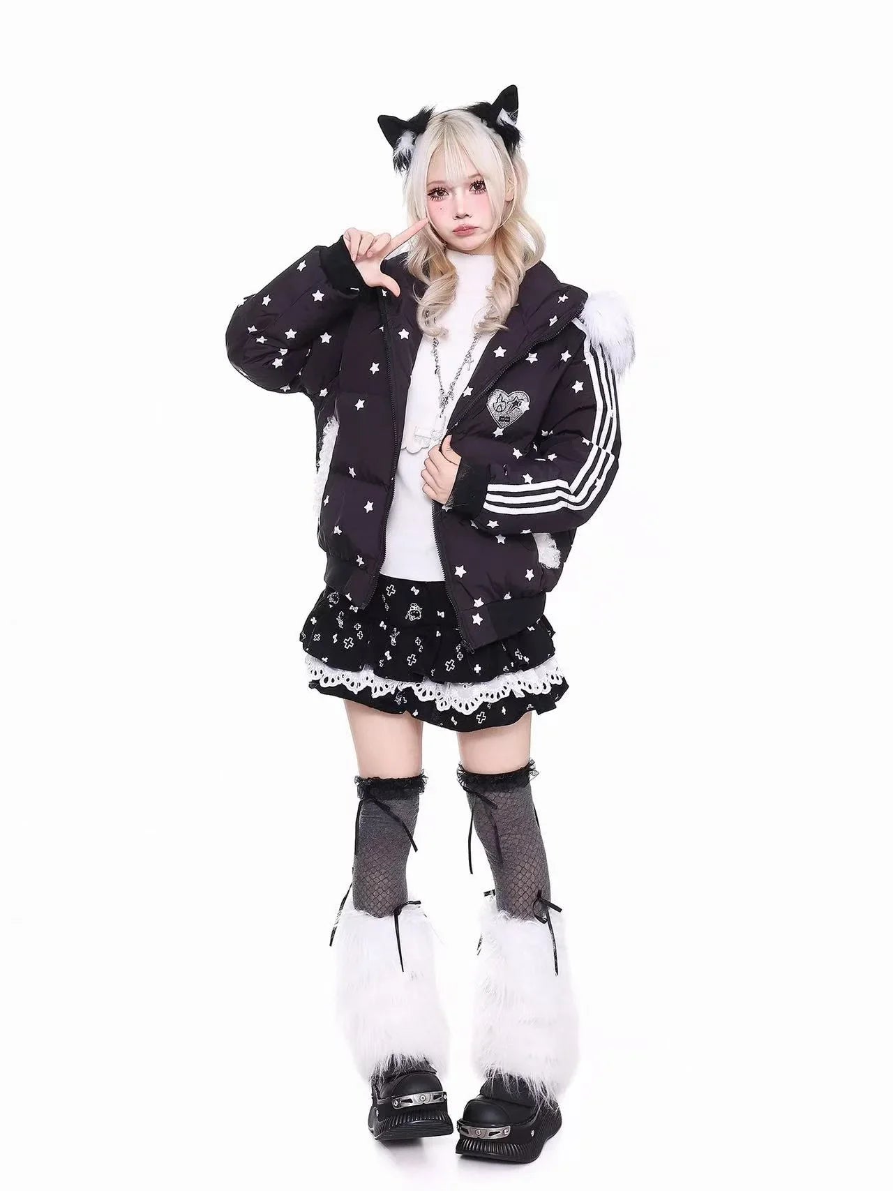 Star Print Cat Ear Padded Jacket with Removable Fur Collar f0323