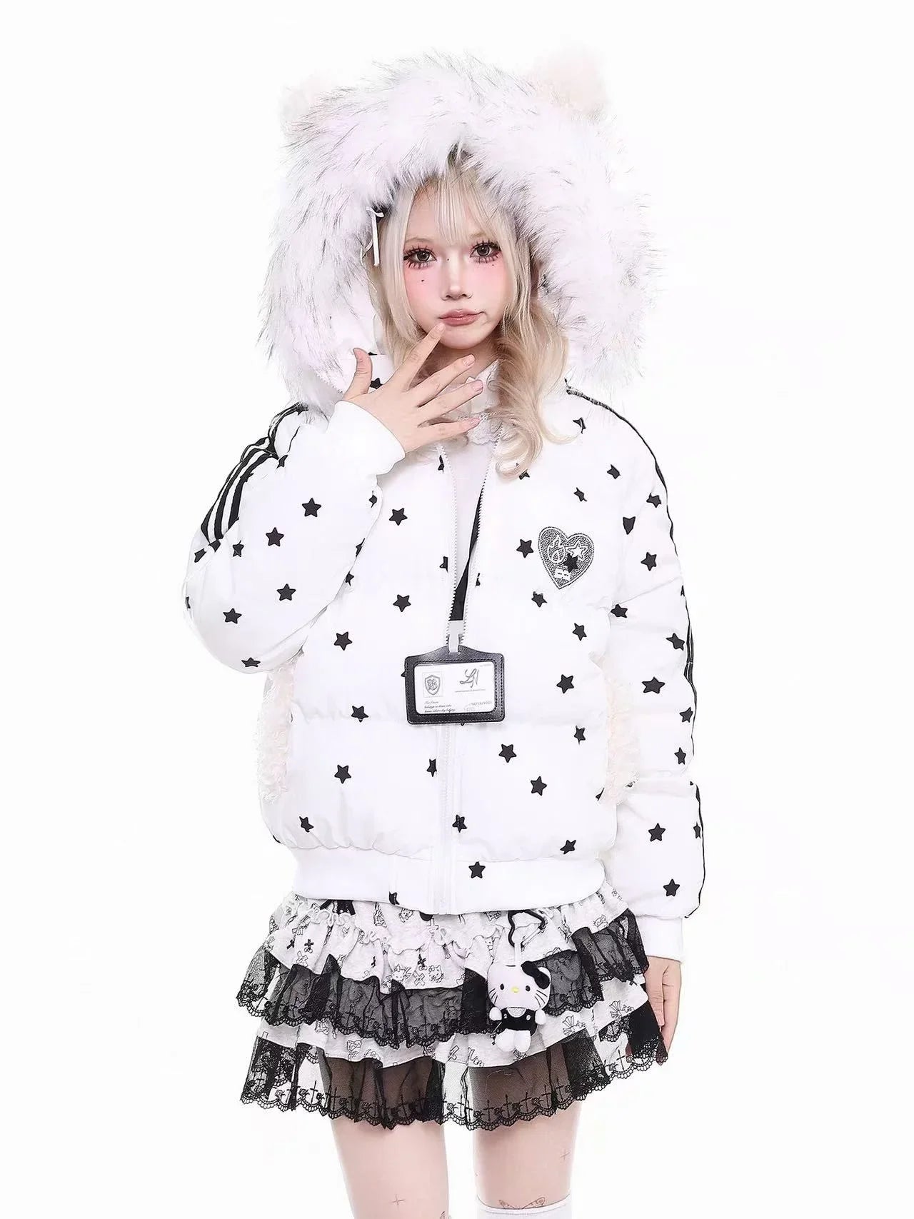 Star Print Cat Ear Padded Jacket with Removable Fur Collar f0323