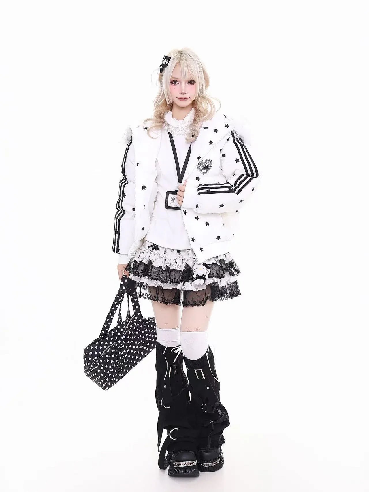 Star Print Cat Ear Padded Jacket with Removable Fur Collar f0323