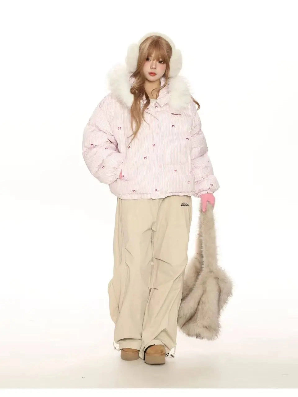 Bow Detail Pink Hooded Puffer Jacket f0322