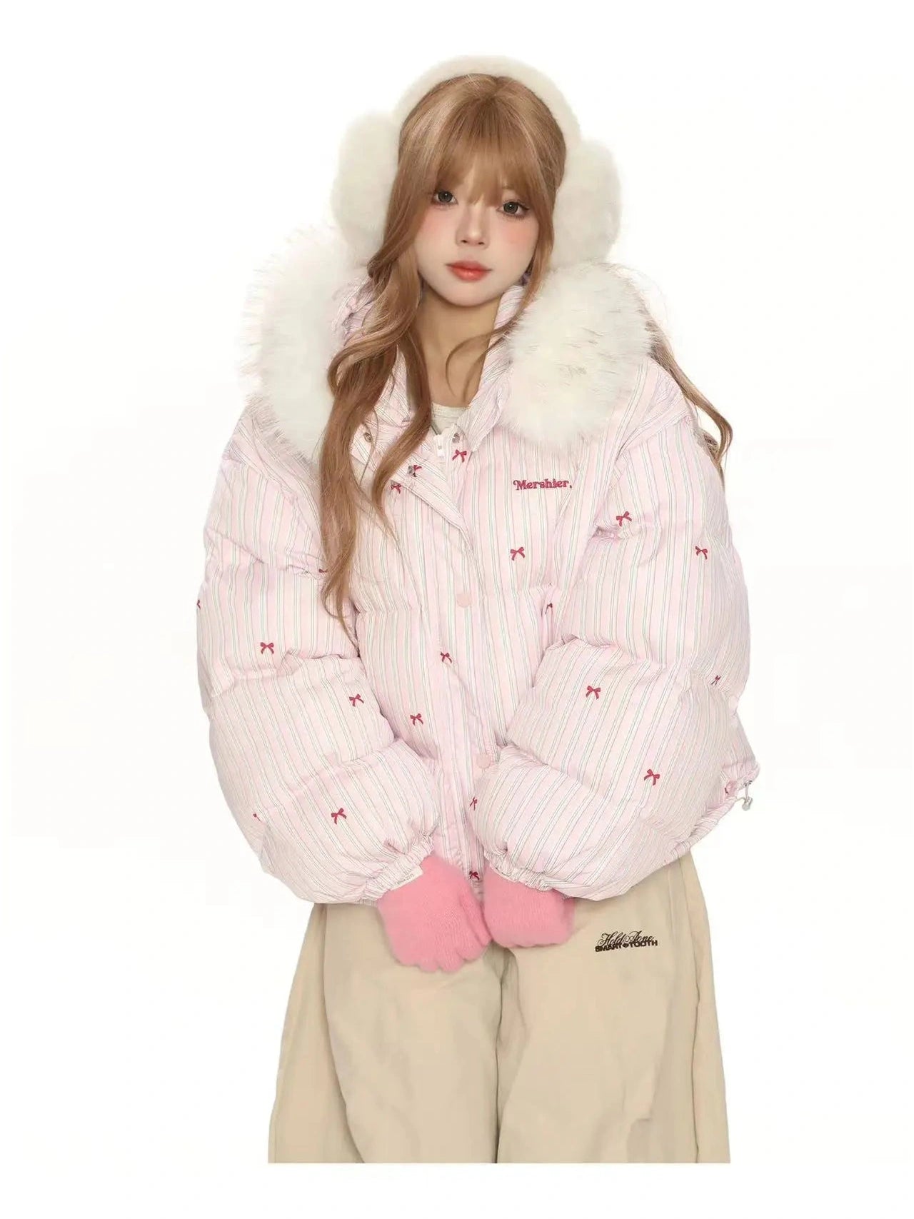 Bow Detail Pink Hooded Puffer Jacket f0322