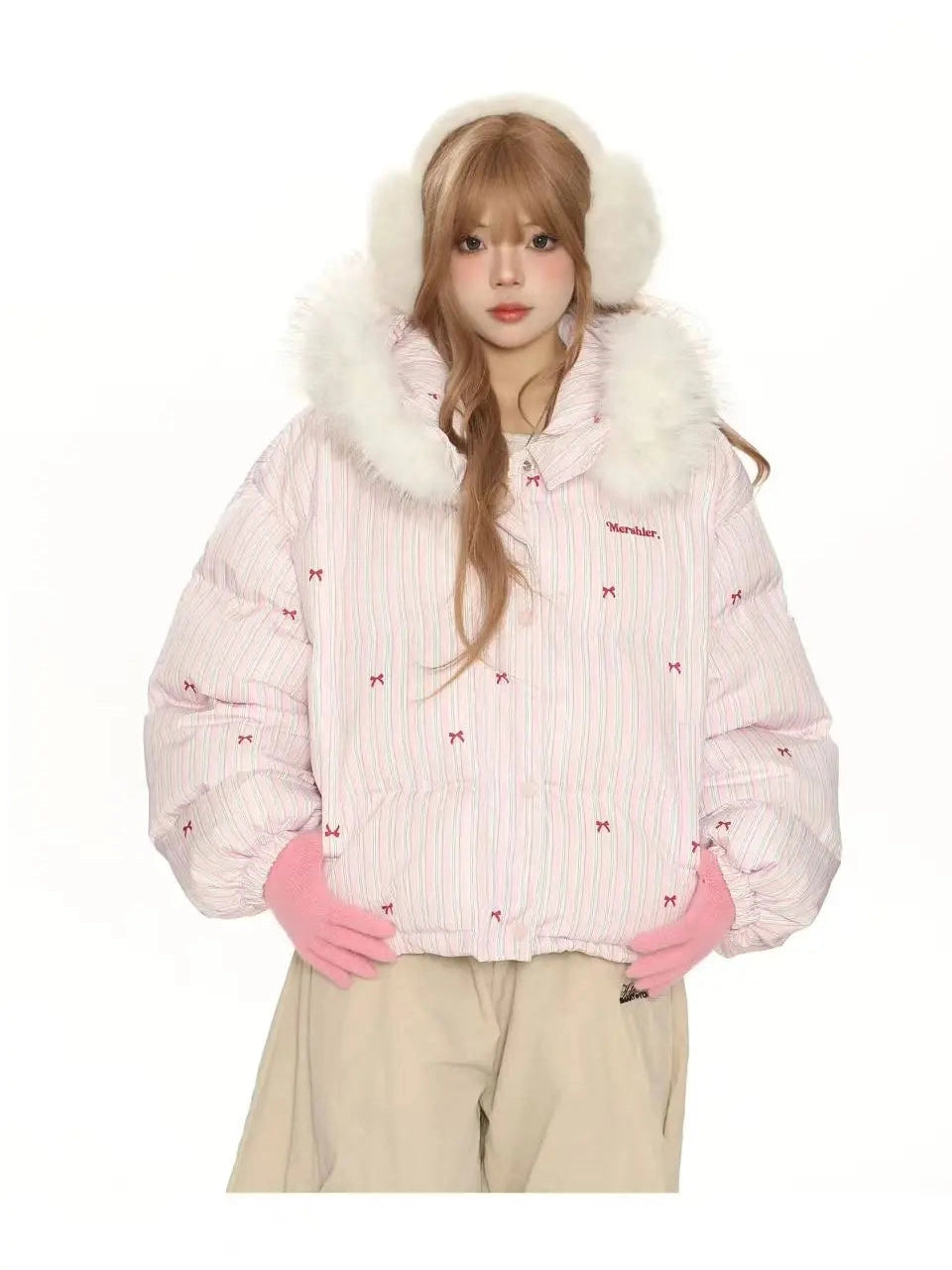 Bow Detail Pink Hooded Puffer Jacket f0322