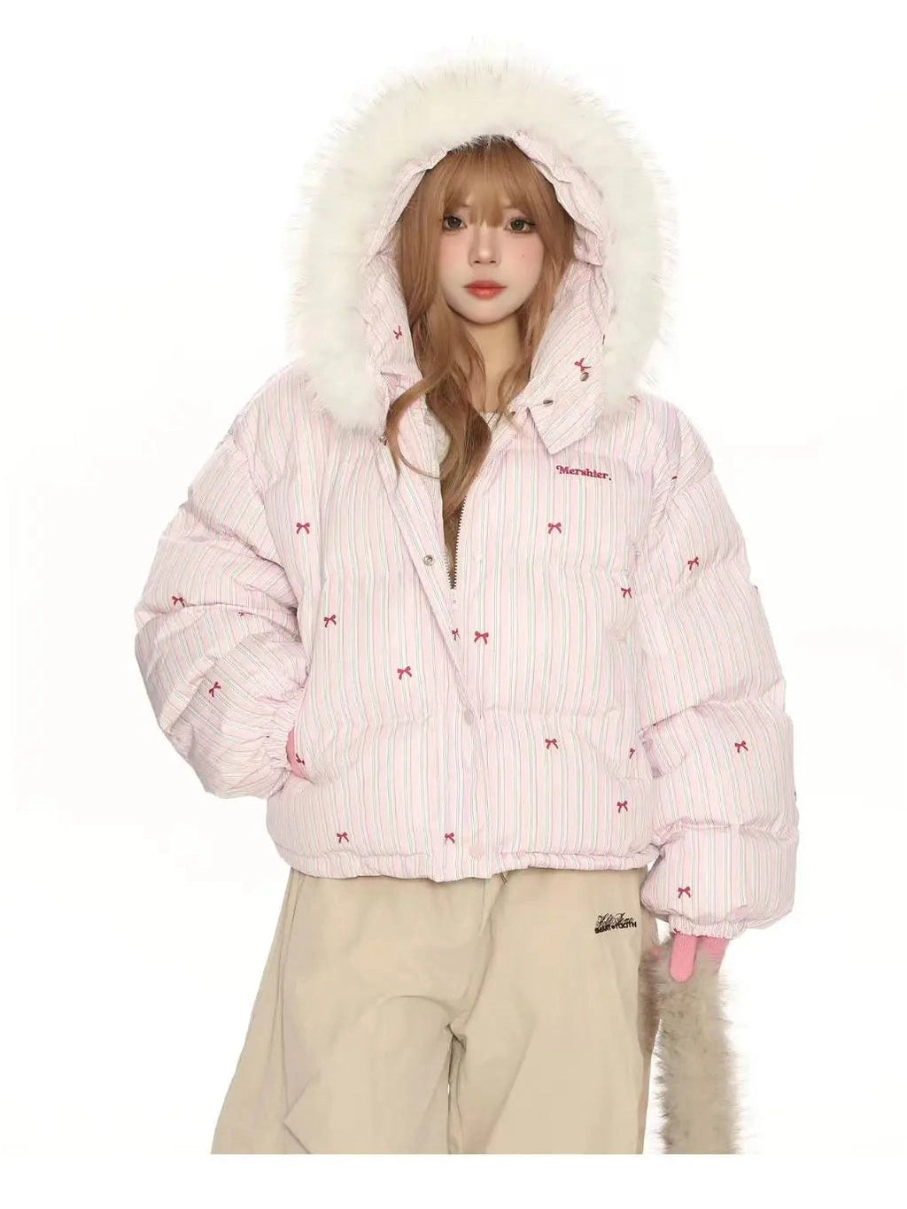 Bow Detail Pink Hooded Puffer Jacket f0322