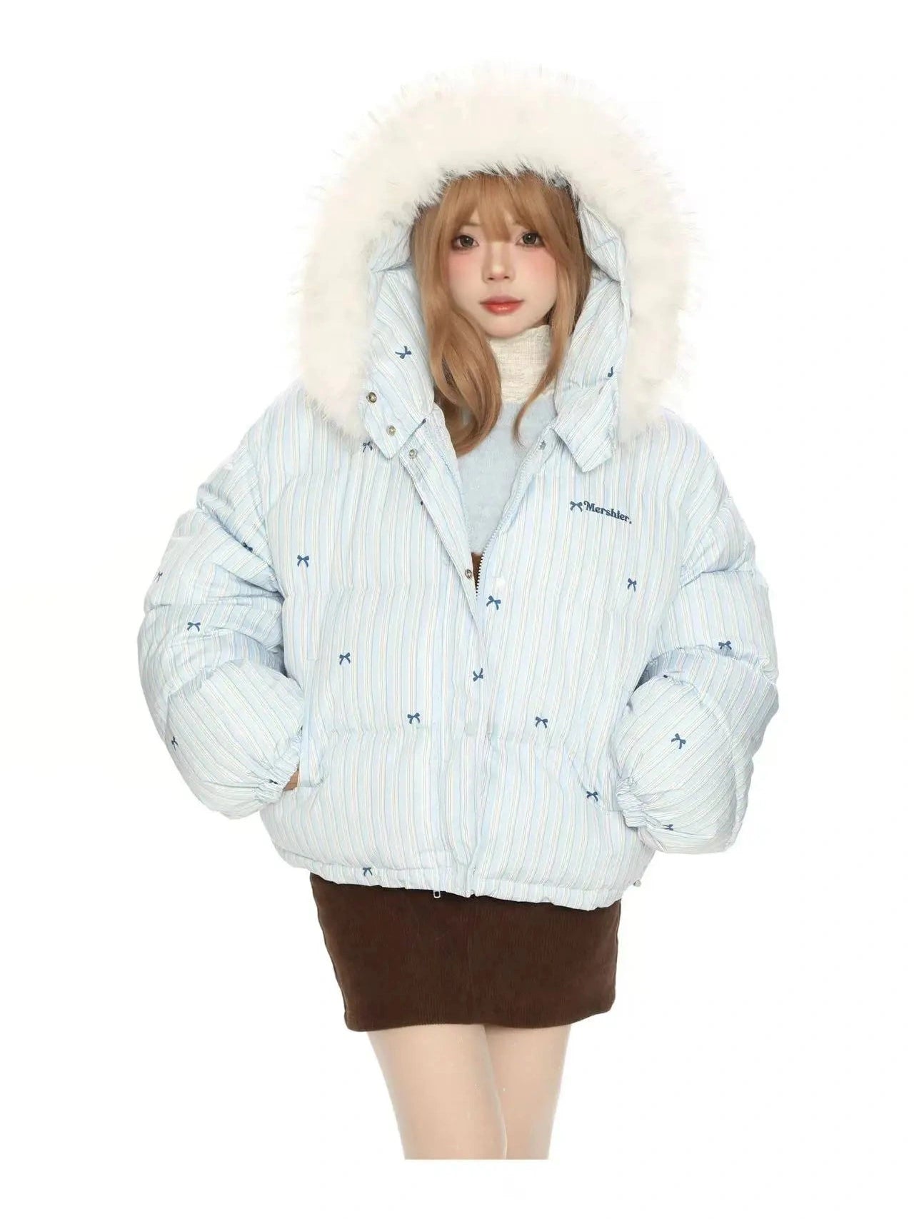 Bow Detail Pink Hooded Puffer Jacket f0322