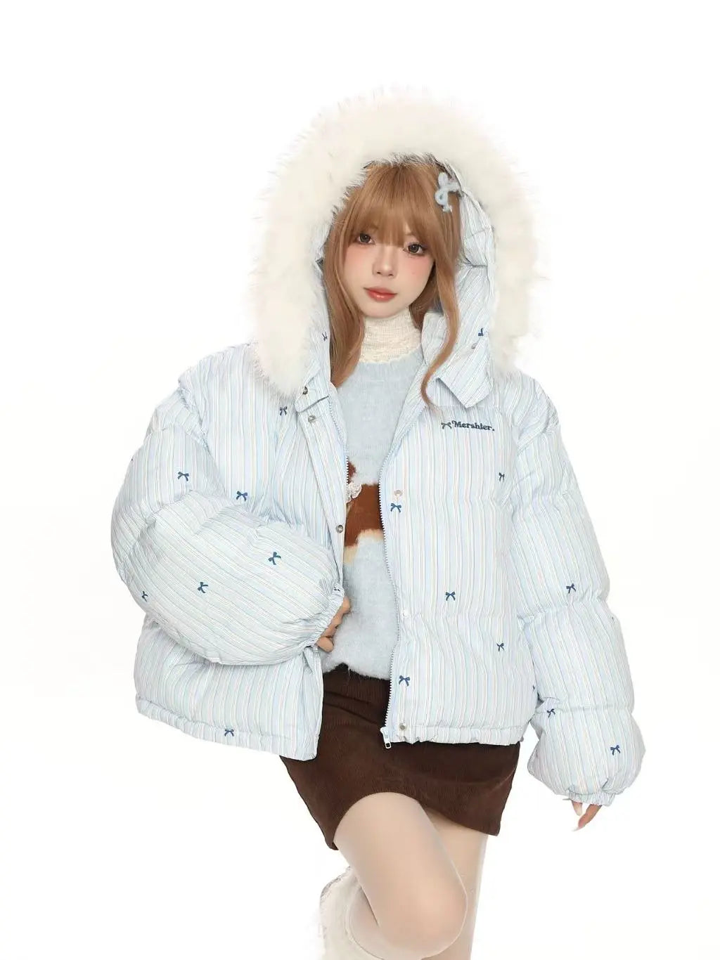 Bow Detail Pink Hooded Puffer Jacket f0322