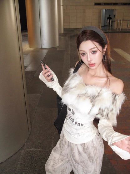 Faux Fur Off-Shoulder Long Sleeve Slim-Fit Waist-Cinching Top C0015