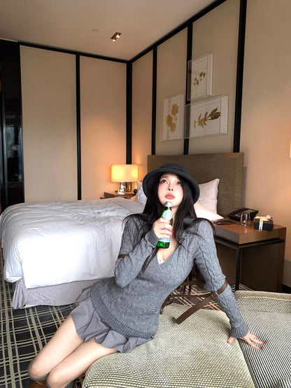 V-Neck Hooded Knitted Pullover for Women C0020