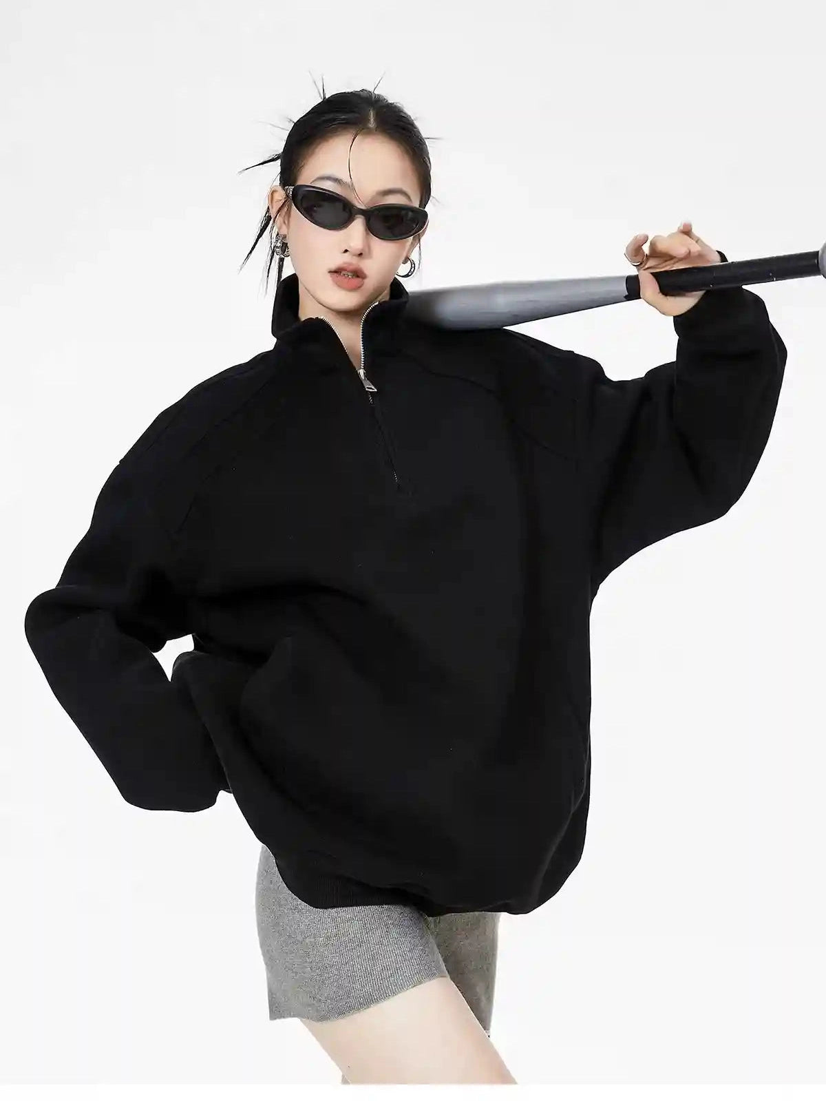 Half-Zip Stand Collar Sweatshirt with Relaxed Fit  f0368