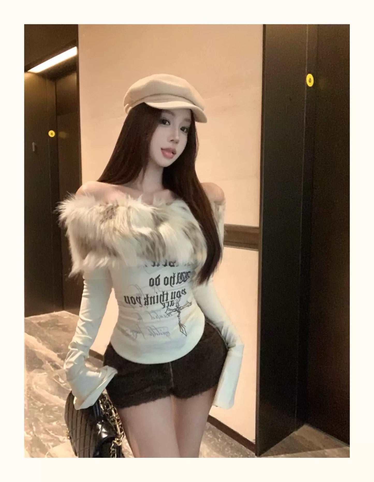Faux Fur Off-Shoulder Long Sleeve Slim-Fit Waist-Cinching Top C0015