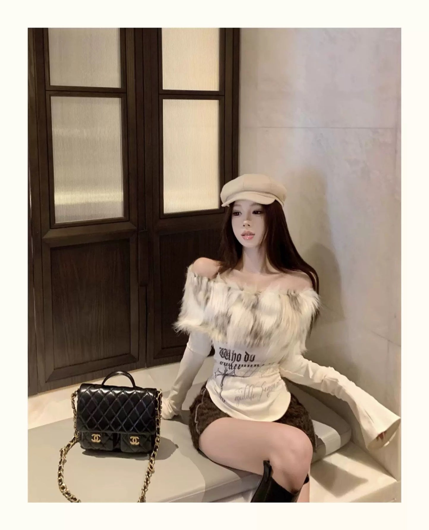 Faux Fur Off-Shoulder Long Sleeve Slim-Fit Waist-Cinching Top C0015