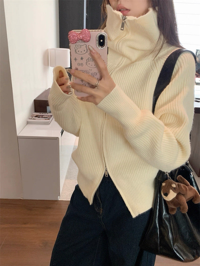 Zip-Up Stand Collar Knit Sweater Jacket C0021