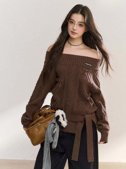 Women’s Off-Shoulder Bow-Knot Sweater with Side Slit C0001
