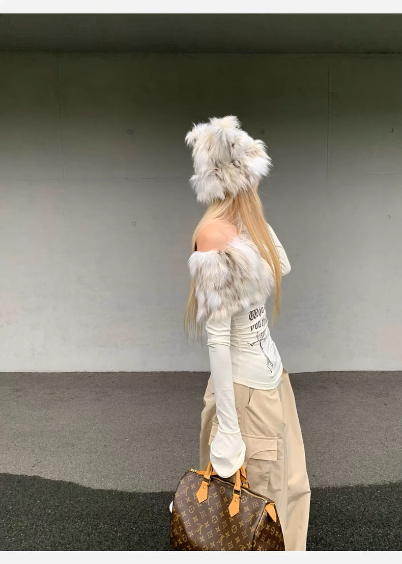 Faux Fur Off-Shoulder Long Sleeve Slim-Fit Waist-Cinching Top C0015