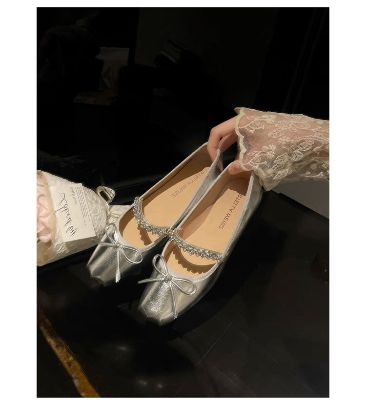 French Square-Toe Bow Ballet Flats S0008