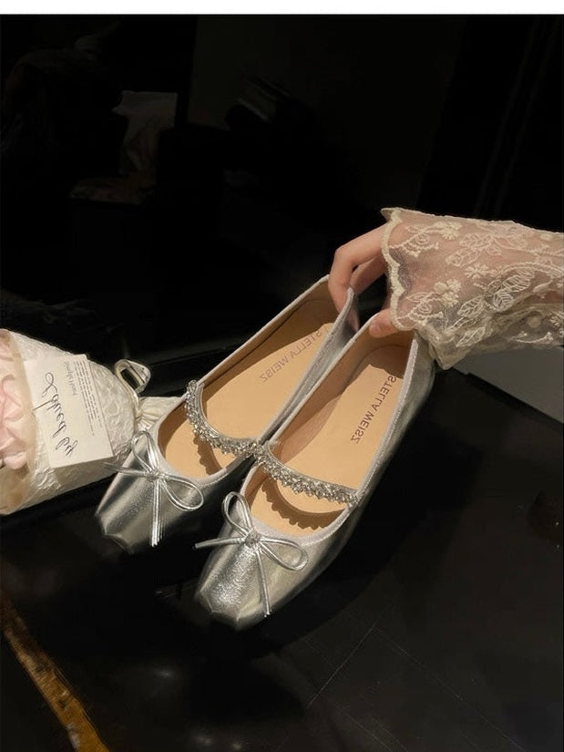 French Square-Toe Bow Ballet Flats S0008