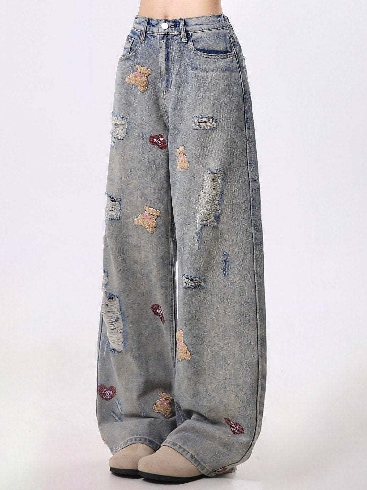 Bear-Embroidered Distressed Wide Jeans  f0400