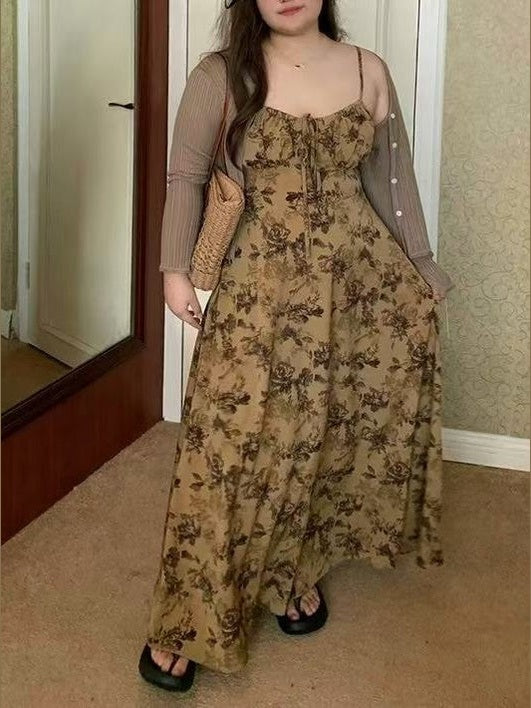 crushpeach flower in autumn Brown Sketch Floral Midi Dress