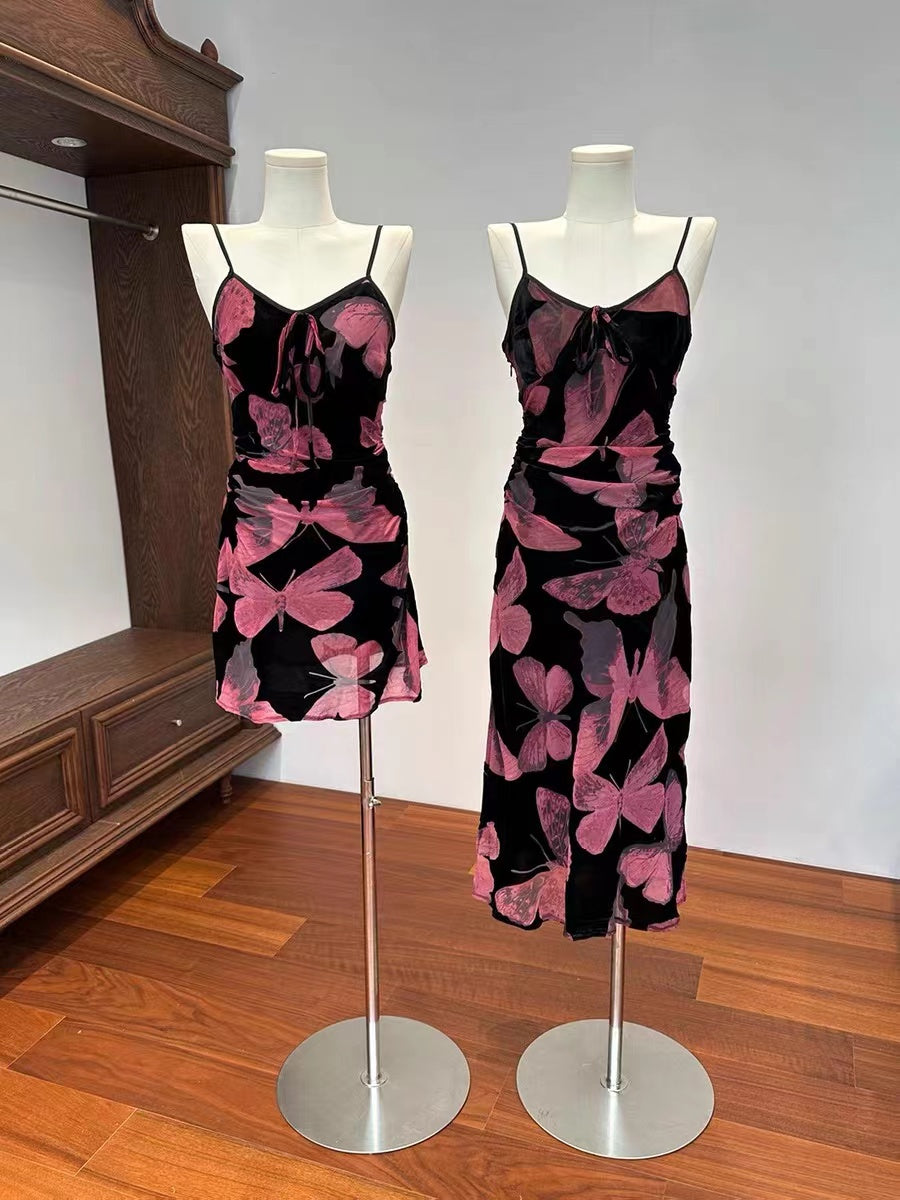 CRUSHPEACH Mesh Purple Butterfly Print Halter Dress-SHORT