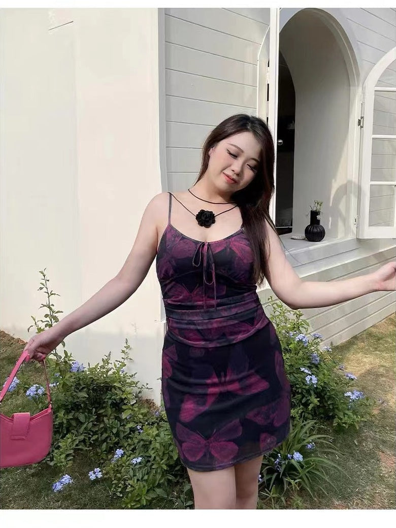 CRUSHPEACH Mesh Purple Butterfly Print Halter Dress-SHORT