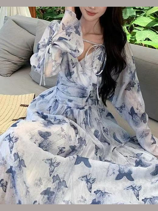 CRUSHPEACH  Blue-Purple Butterfly Long Sleeve maxi Dress