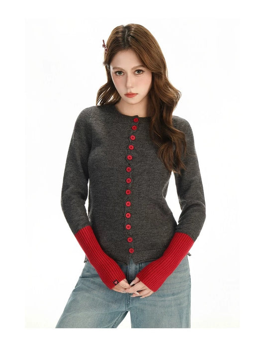 Women’s Grey & Red Colorblock Knitted Zip Jacket C0028