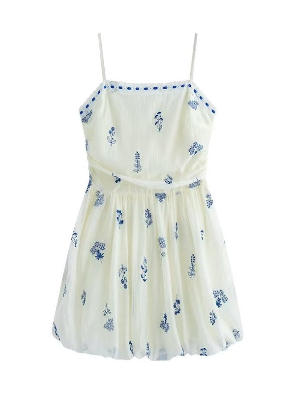 Blue Celadon Embroidered Flower Pod MINI  Dress