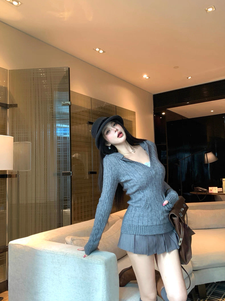 V-Neck Hooded Knitted Pullover for Women C0020