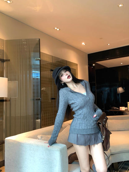 V-Neck Hooded Knitted Pullover for Women C0020